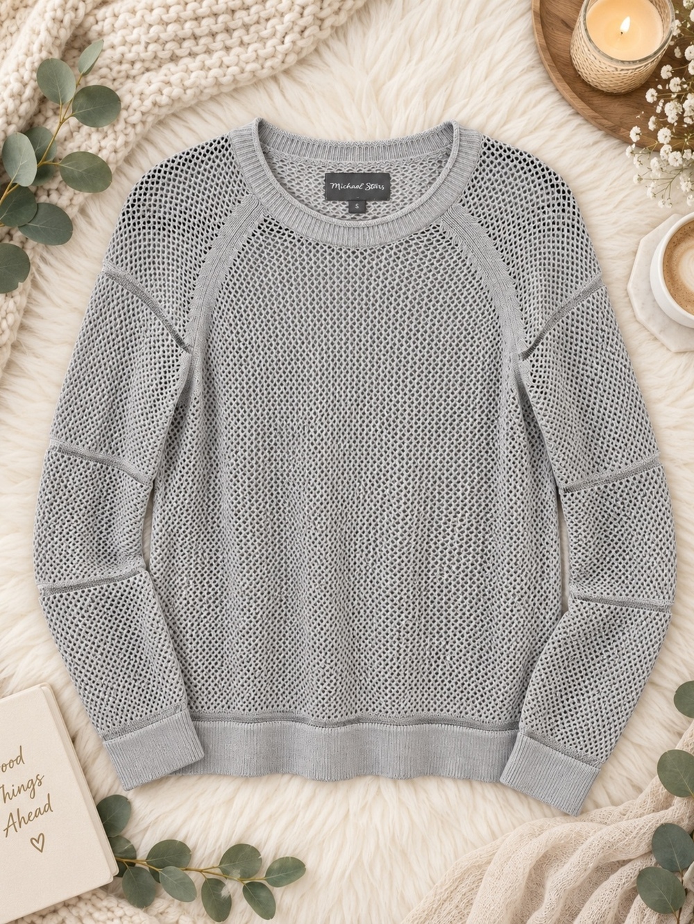 Michael Stars Gray Knit Sweater Large Mesh Style